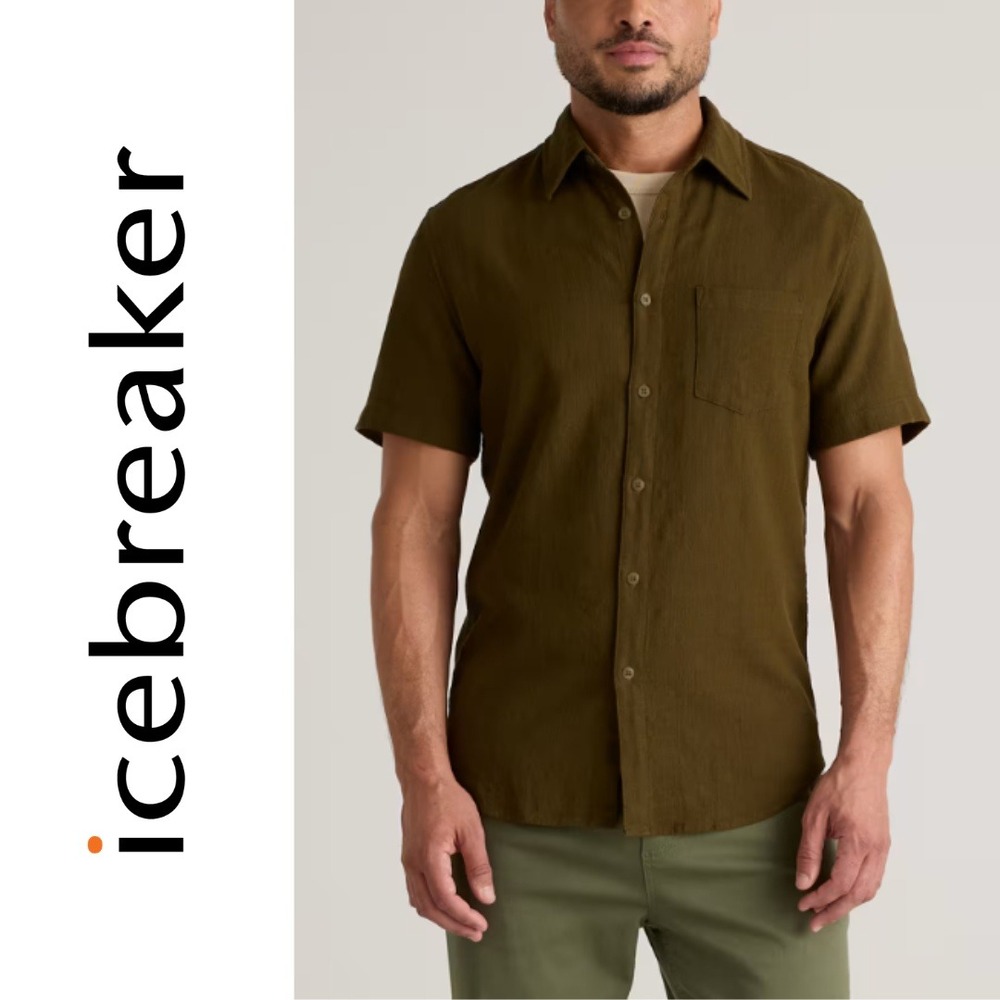 Icebreaker, Merino Men's Short Sleeve Button Up Shirt Olive Green Size XXL